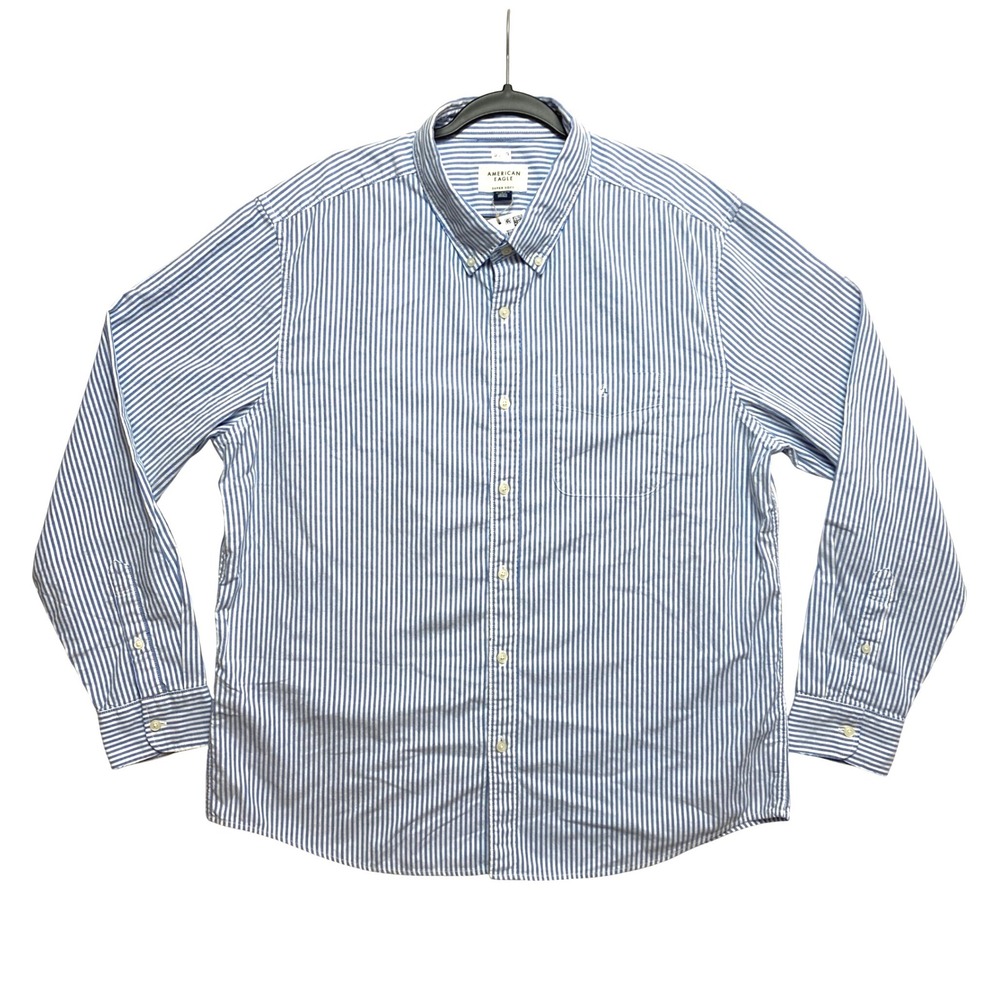 American Eagle Shirt Mens XL Blue White Striped Button Down Super Soft
